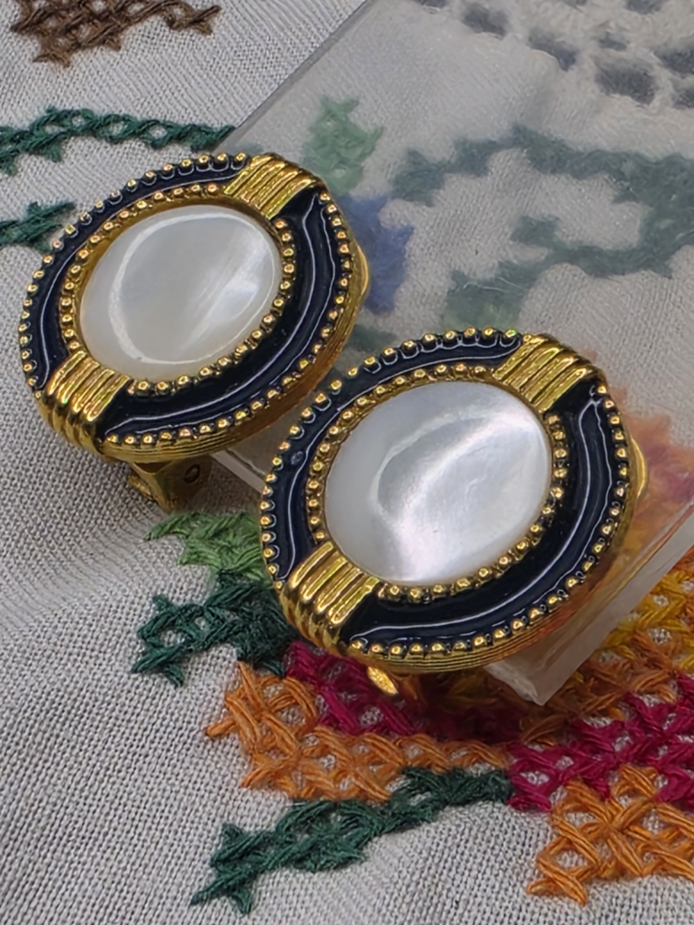 1928 Brand Mother Of Pearl Blue Enamel Golden Clip Earrings